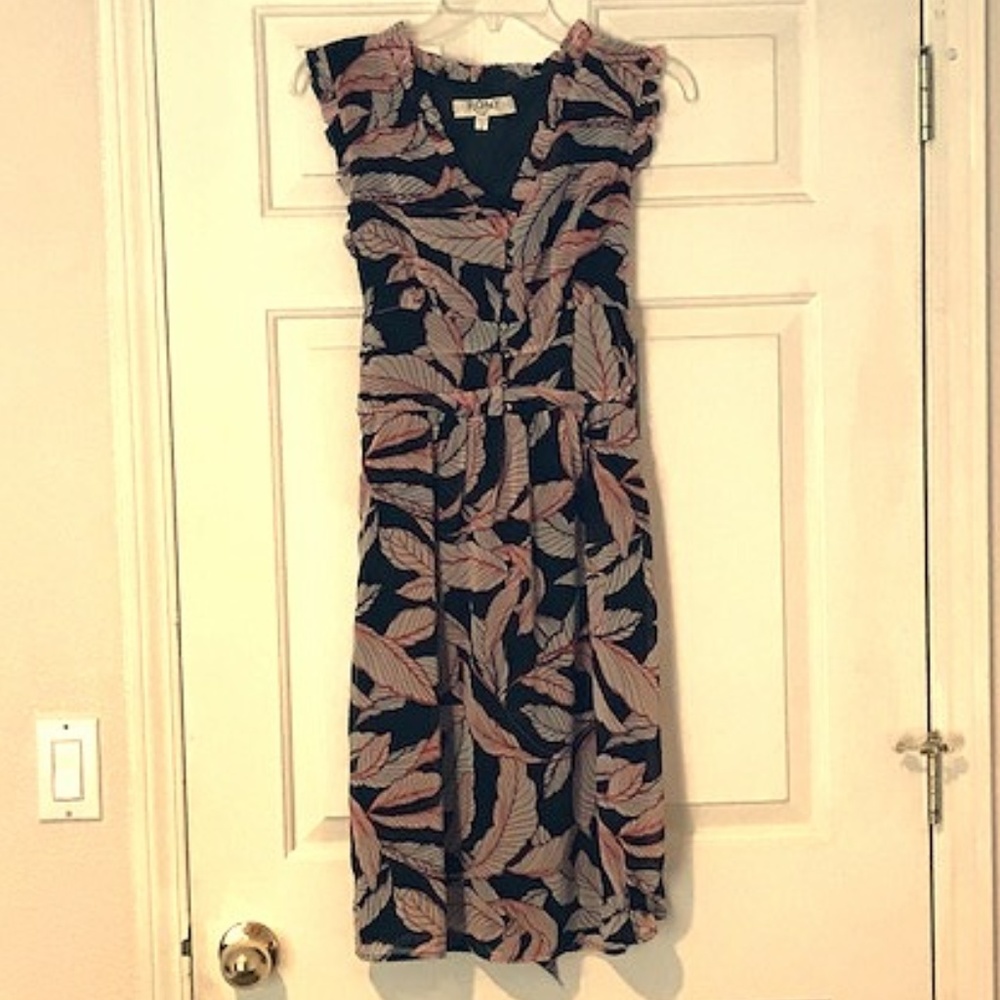 Leaf-Pattern Tie-back Black/Orange Midi Dress